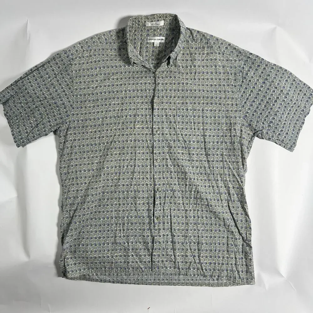 Pierre‎ Cardin Men's Green/Blue/Beige Geometric Woven Cotton Button-Up SS L 48